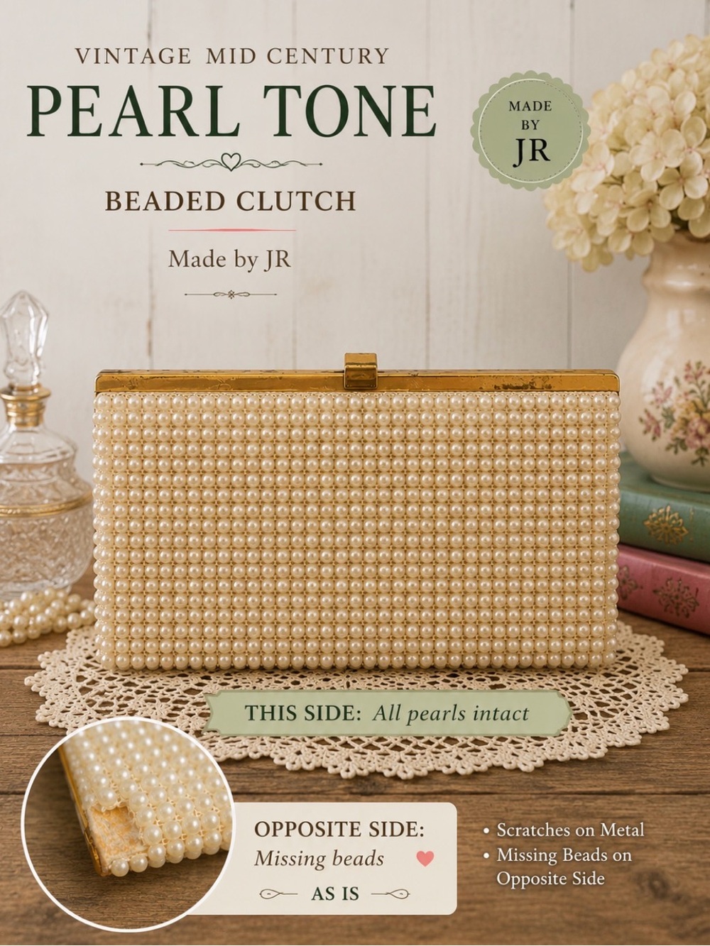 Vintage Pearl Tone Beaded Clutch with Gold Trim
